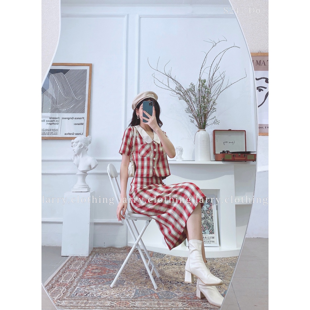Set Áo Có Cổ Chân Váy Dài Kẻ Caro Phong Cách Hàn Quốc Đi Làm Cực Thanh Lịch S247 | BigBuy360 - bigbuy360.vn