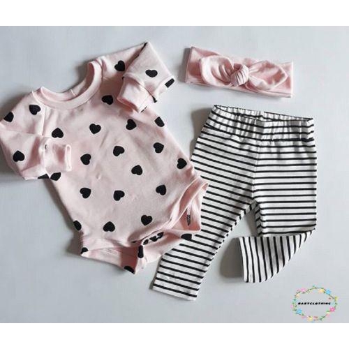 ღWSVღLove Heart Pink Baby Girls Long Sleeve Romper Bodysuit +Stripe Pant+ Headaband Casual Cotton Outfits Clothes