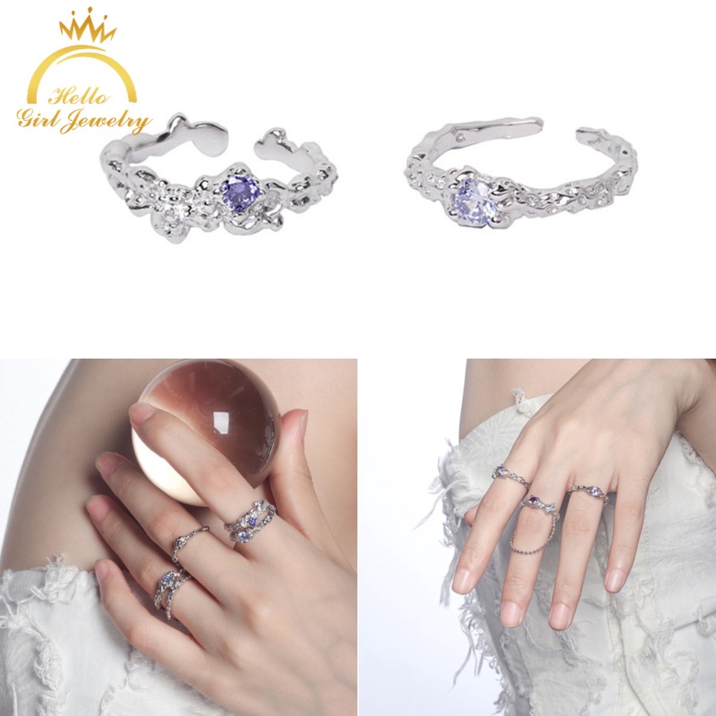 Hello Girl Niche Nhẫn Hở Đính Đá Zircon Thạch Anh Tím Lạnh Điều Chỉnh Được Ánh Sáng Cổ Điển Sang Trọng Cá Tính