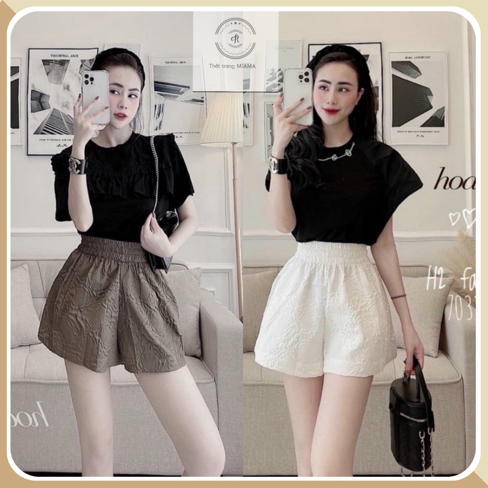 Quần đùi nữ xốp phồng in hoa nổi cao cấp có lưng chun - Nogin