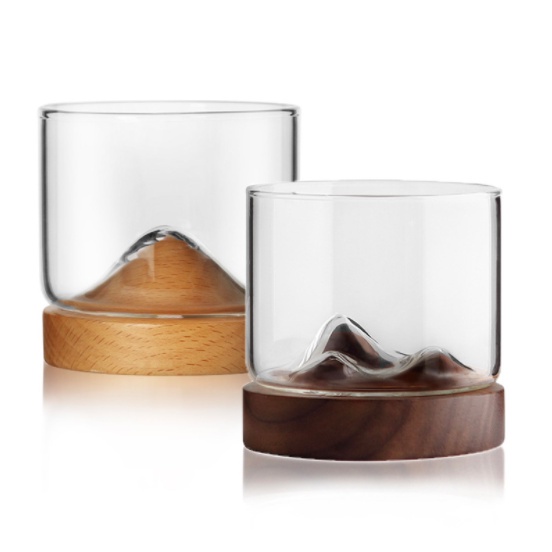 Cốc uống nước cafe hình ngọn núi bằng thủy tinh trong suốt dung tích 200ml có đế gỗ cực chill trang trí góc làm việc
