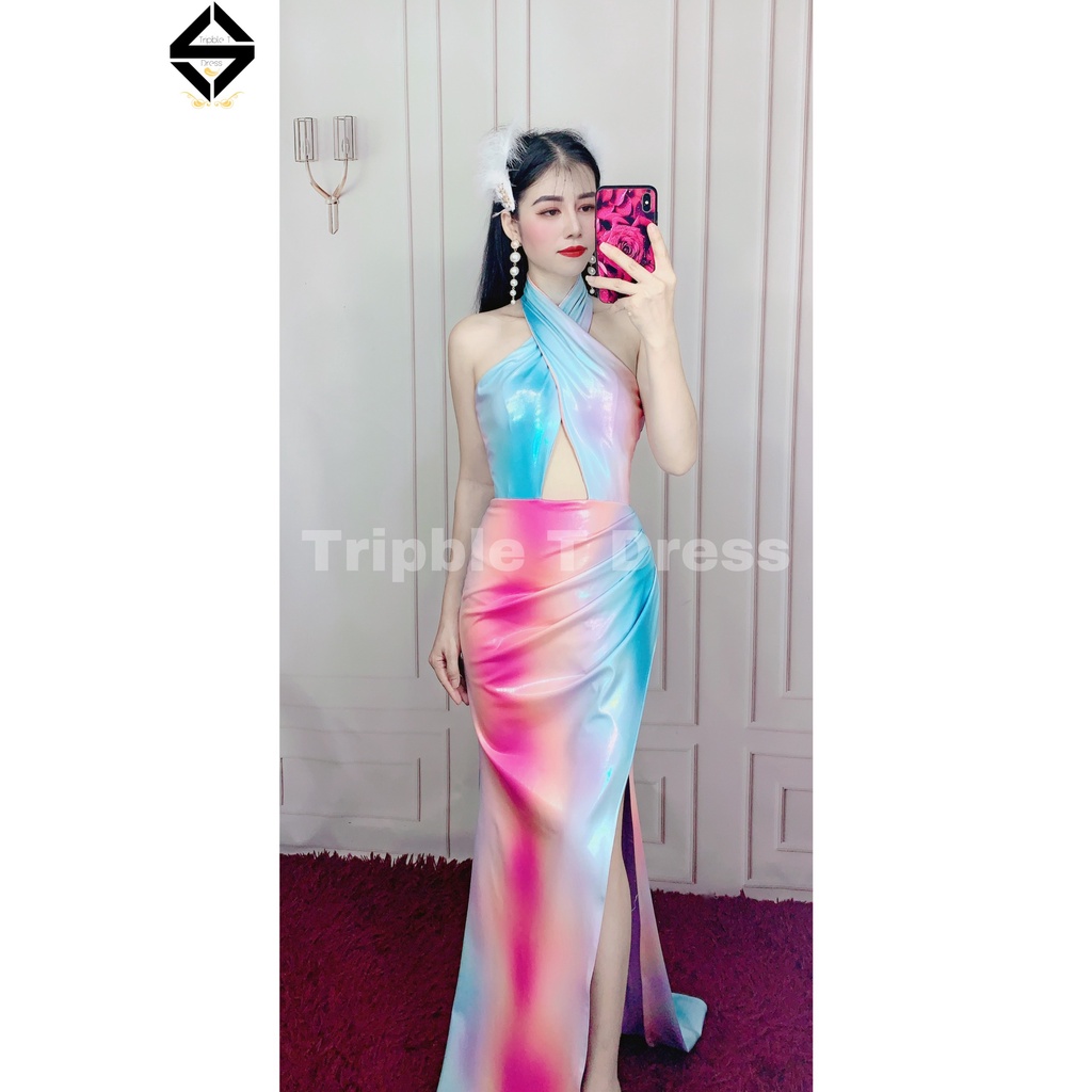 Đầm maxi body thun da bóng phối loang màu gợi cảm TRIPBLE T DRESS - size S/M/L - MS397V