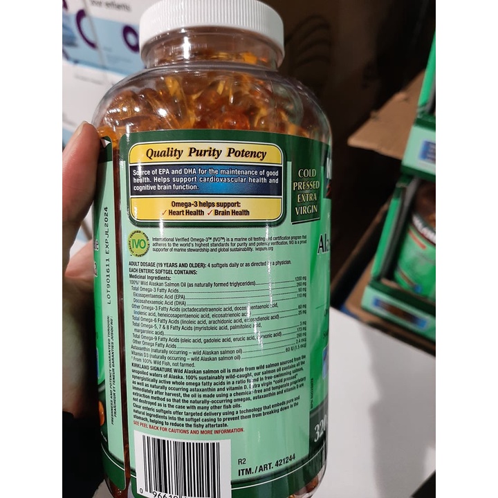 DATE T3/2027 Dầu cá Omega tổng hợp Kirkland Signature - 320 Viên Alaskan Salmon Whole Fish Oil