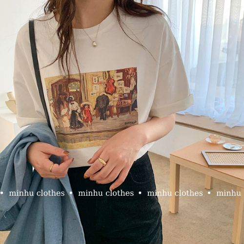 Áo phông nữ form rộng tay lỡ in hình dân gian chất cotton thoáng mát MINHU CLOTHES - AT05