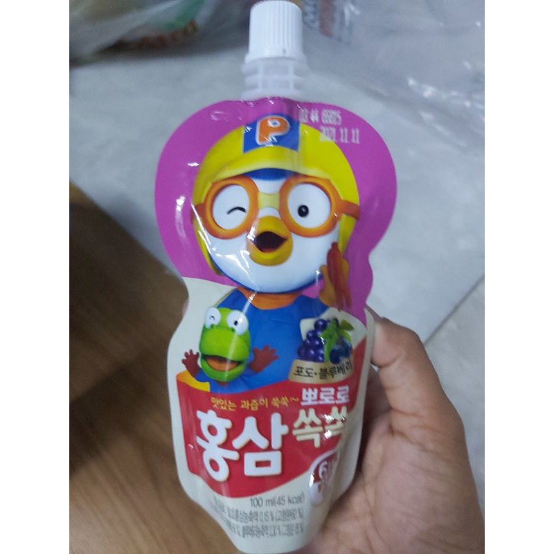 Lốc 10 bịch Nước Hồng Sâm Hoa Quả Paldo Pororo Hàn Quốc 100ml