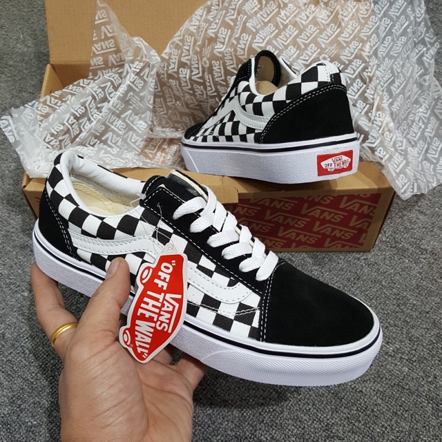 Giày thể thao nam nữ vans old skool caro đen trắng , Giày Vans caro kẻ đen trắng vans mới