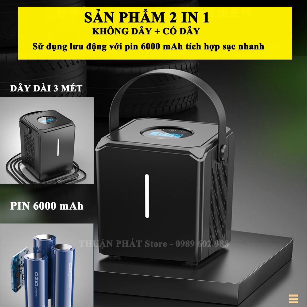 Bơm lốp ô tô 12v - Bơm ô tô 12v công suất 120w 2 in 1,tích hợp pin 6000 mAh,tự động ngắt,đèn LED chiếu sáng