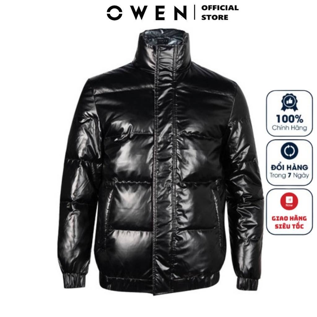 Áo Khoác Phao Nam Owen JK220725 Jacket Dáng Suông Không Mũ Cổ Đứng Bo Tay và Gấu Màu Đen Bóng Vải Polyester Cao Cấp