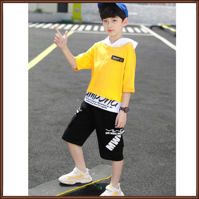Set Đồ 2 Món Gồm Áo Thun Cotton Tay Cộc Có Mũ Trùm In Chữ + Quần Short Thời Trang Cho Bé Trai