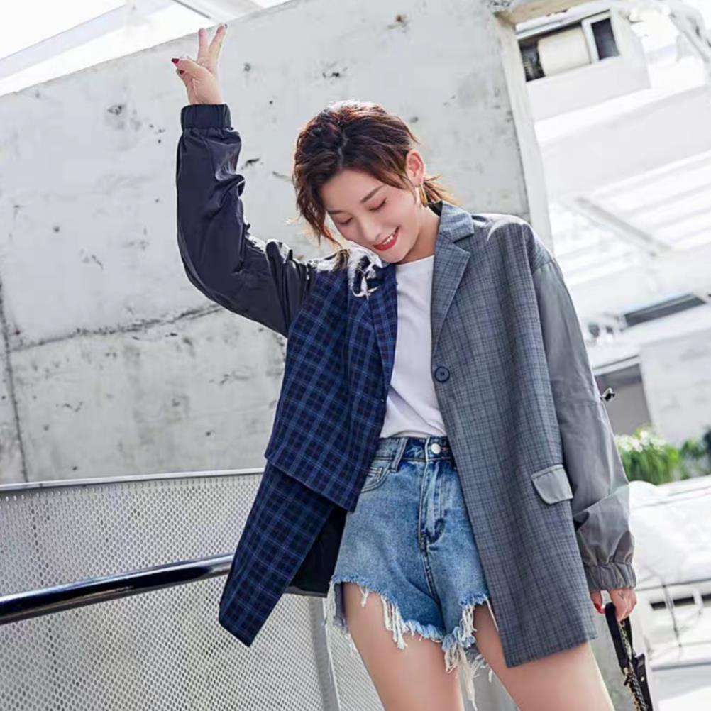 Áo khoác Blazer sọc Caro mix không cân xứng Unisex cho nam nữ thời trang độc đáo MB