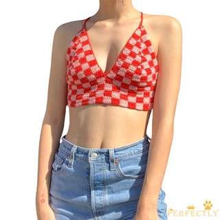 Áo Croptop Hai Dây Hở Lưng In Họa Tiết Caro Pft Cho Nữ