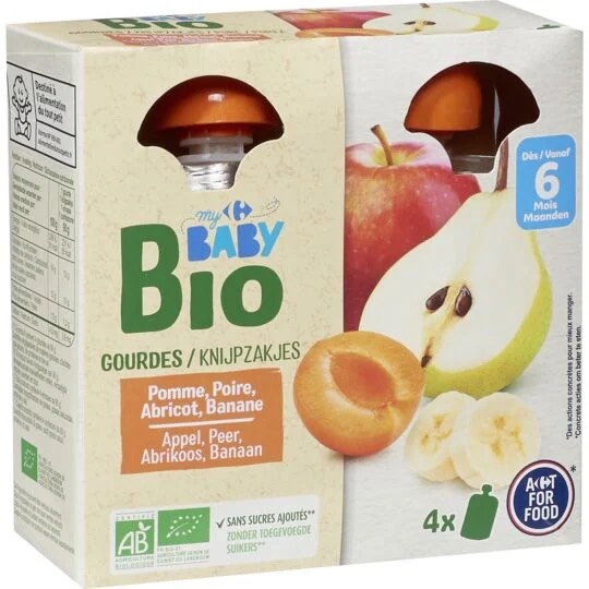 Trái cây nghiền BabyBio Carrefour hữu cơ dạng túi cho bé từ 6 tháng tuổi