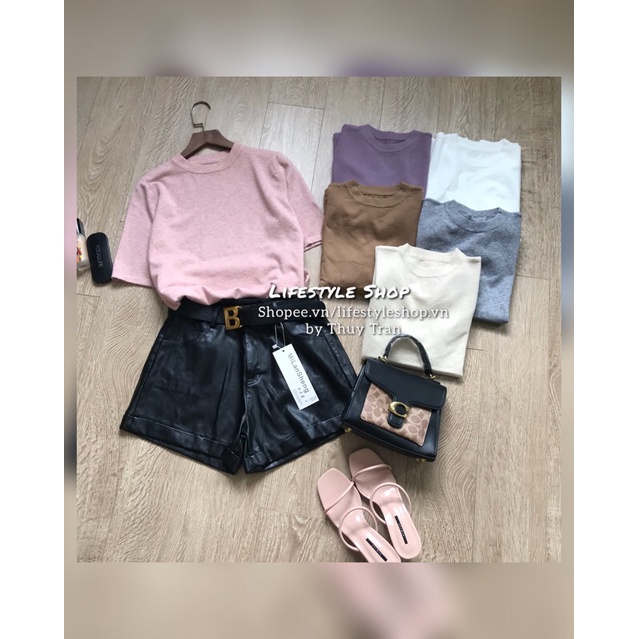 Áo len nữ Thu Đông mỏng mềm dáng suông lửng cổ tròn cộc tay | BigBuy360 - bigbuy360.vn