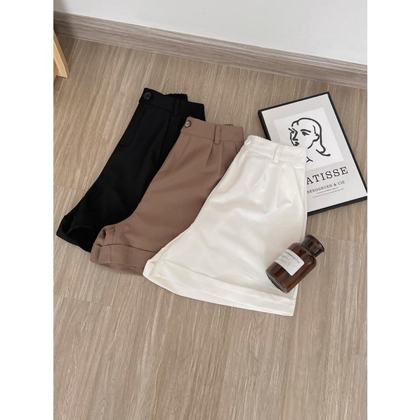 Quần short vải cạp cao LƯNG CHUN cạp lệch 2 cúc GẬP GẤU 3 màu vintage