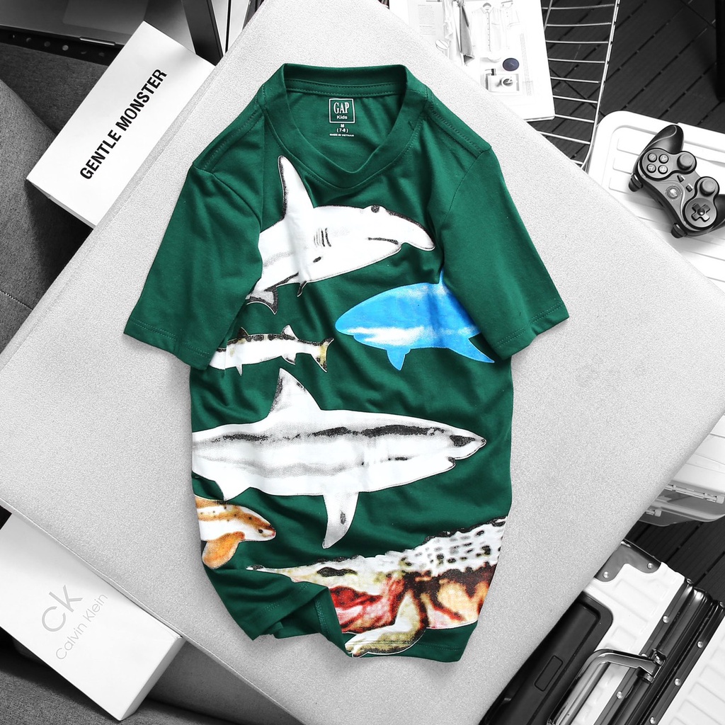 Áo phông bé trai Gap áo thun ngắn tay cotton mềm mịn size đại in hình khủng long xe hơi mặc đi học đi chơi