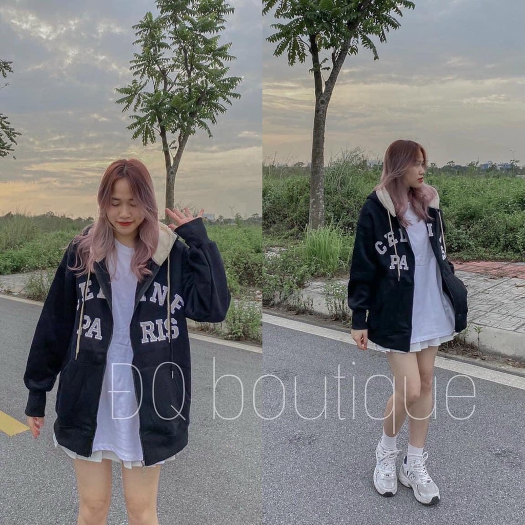 Áo khoác nỉ ngoại mũ phối unisex Celinf Paris _Áo khoác nam nữ tay bồng basic, cá tính, hottrend