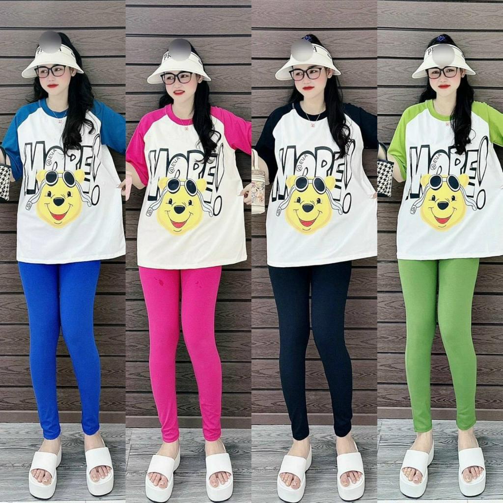 Sét Bộ Aó Thun From Rộng In Gấu Tay Phối Kèm Quần Legging Ôm Co Dãn Mặc Thoải Mái Năng Động