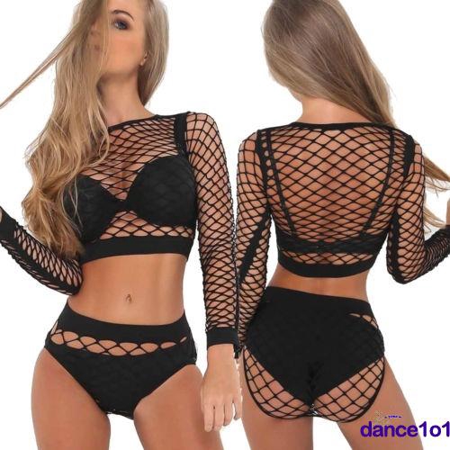 Set trang phục mặc ngoài bikini tay dài vải lưới xuyên thấu quyến rũ độc đáo dành cho nữ