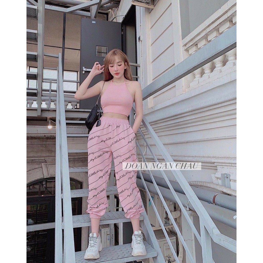 set xinh gồm áo yếm croptop quần thể thao in chữ nhí hot xinh xinh