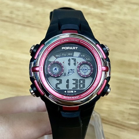 Đồng hồ điện tử POPART nam nữ, dây đen mặt viền màu