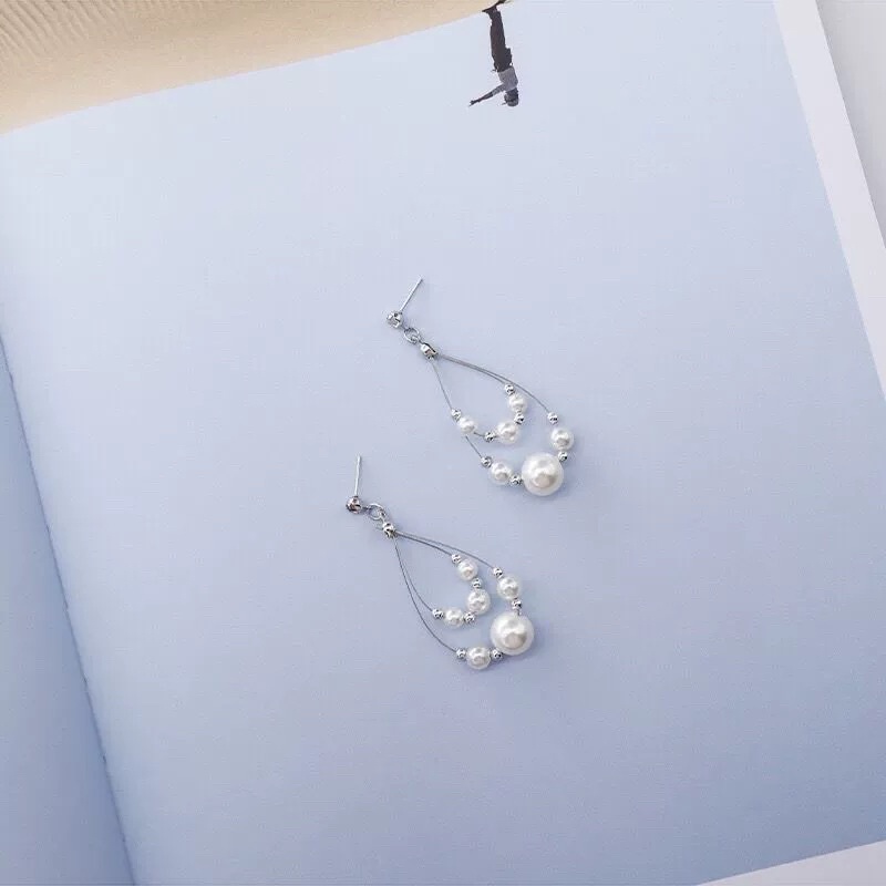 bông tai khuyên tai đính 2 vòng hạt châu siêu dễ thương