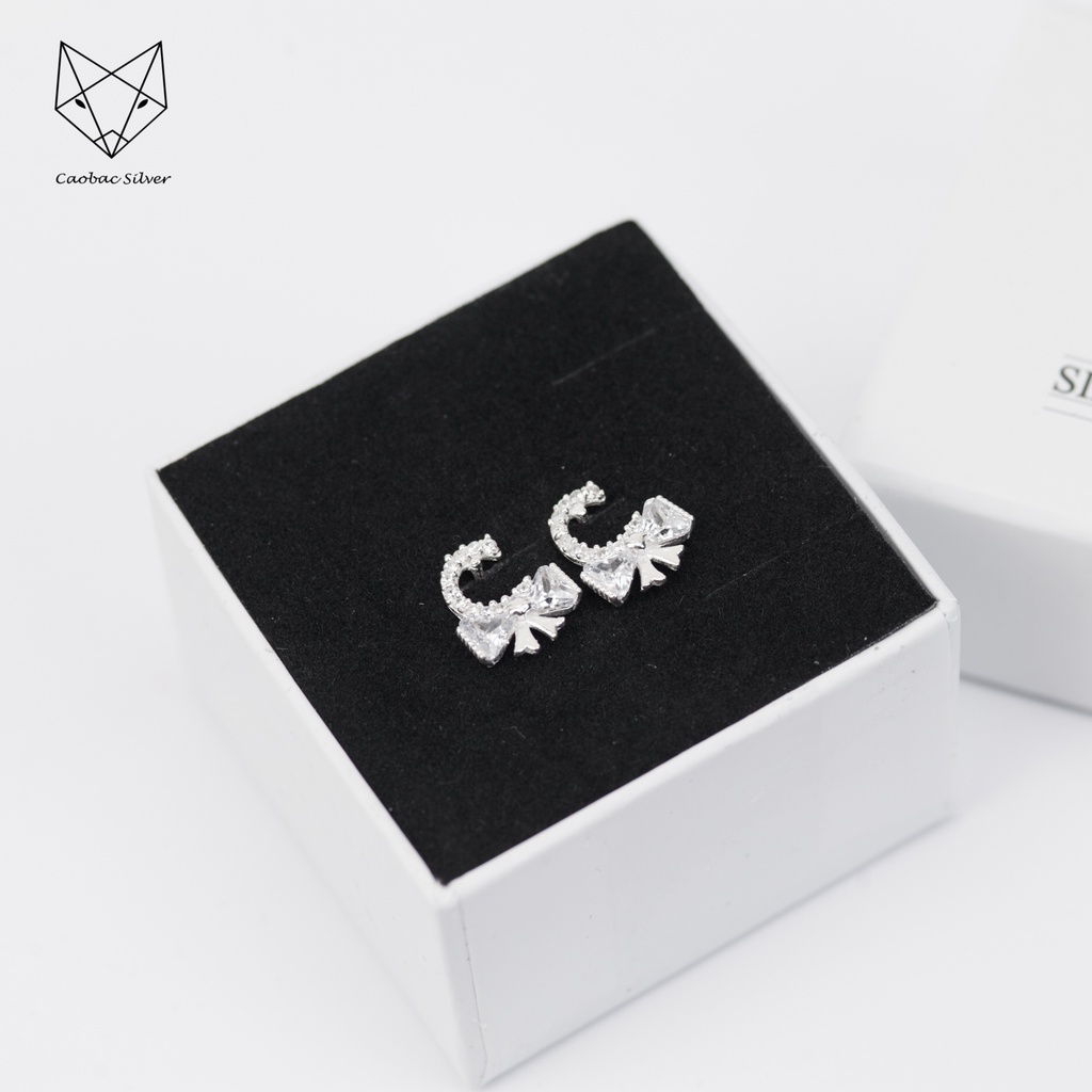Khuyên Tai Bạc Ta CaoBac Jewellery Cho Nữ Đính Đá Nổi Bật Hoạ Tiết Nơ Sáng Lấp Lánh Sang Trọng