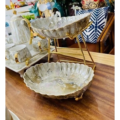 GIA ĐỂ BÁNH KẸO HOA QUẢ 2 TẦNG , 3 TẦNG MÀU TRẮNG XÁM VÂN ĐÁ VIỀN VÀNG CAO CẤP