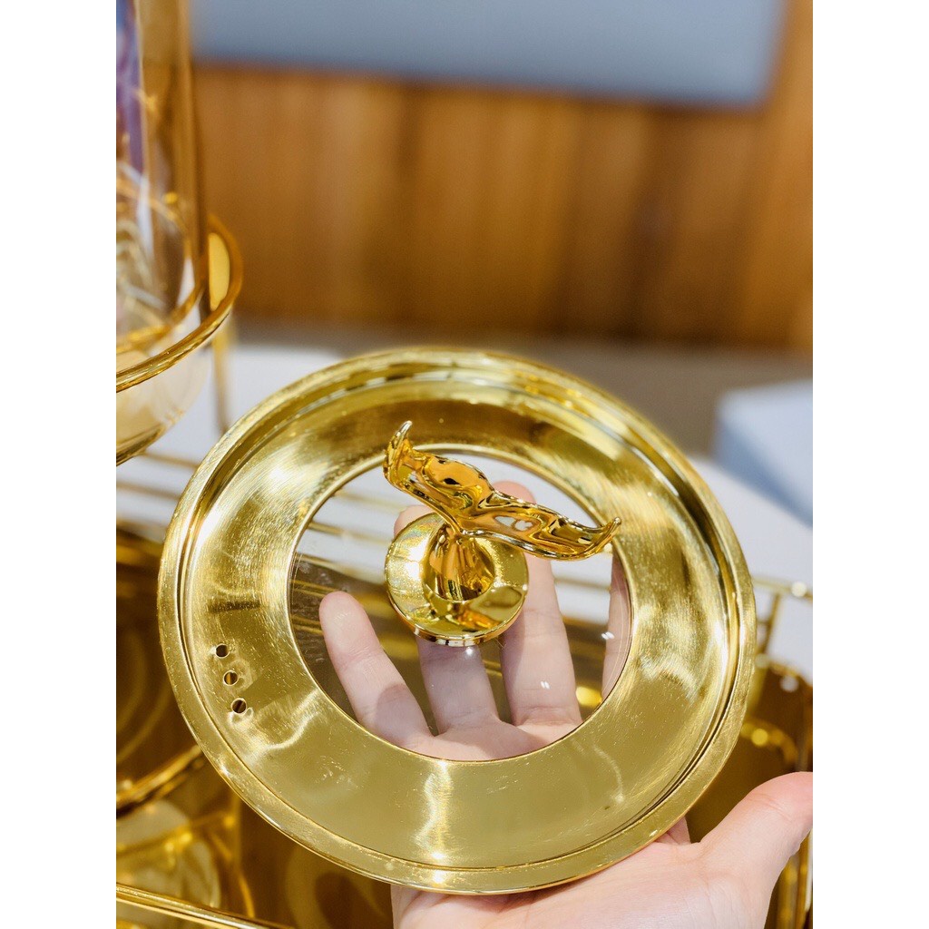 Bình thủy tinh đựng nước hoa quả, đựng rượu có vòi kèm kệ inox vàng sang trọng tinh tế HS2179