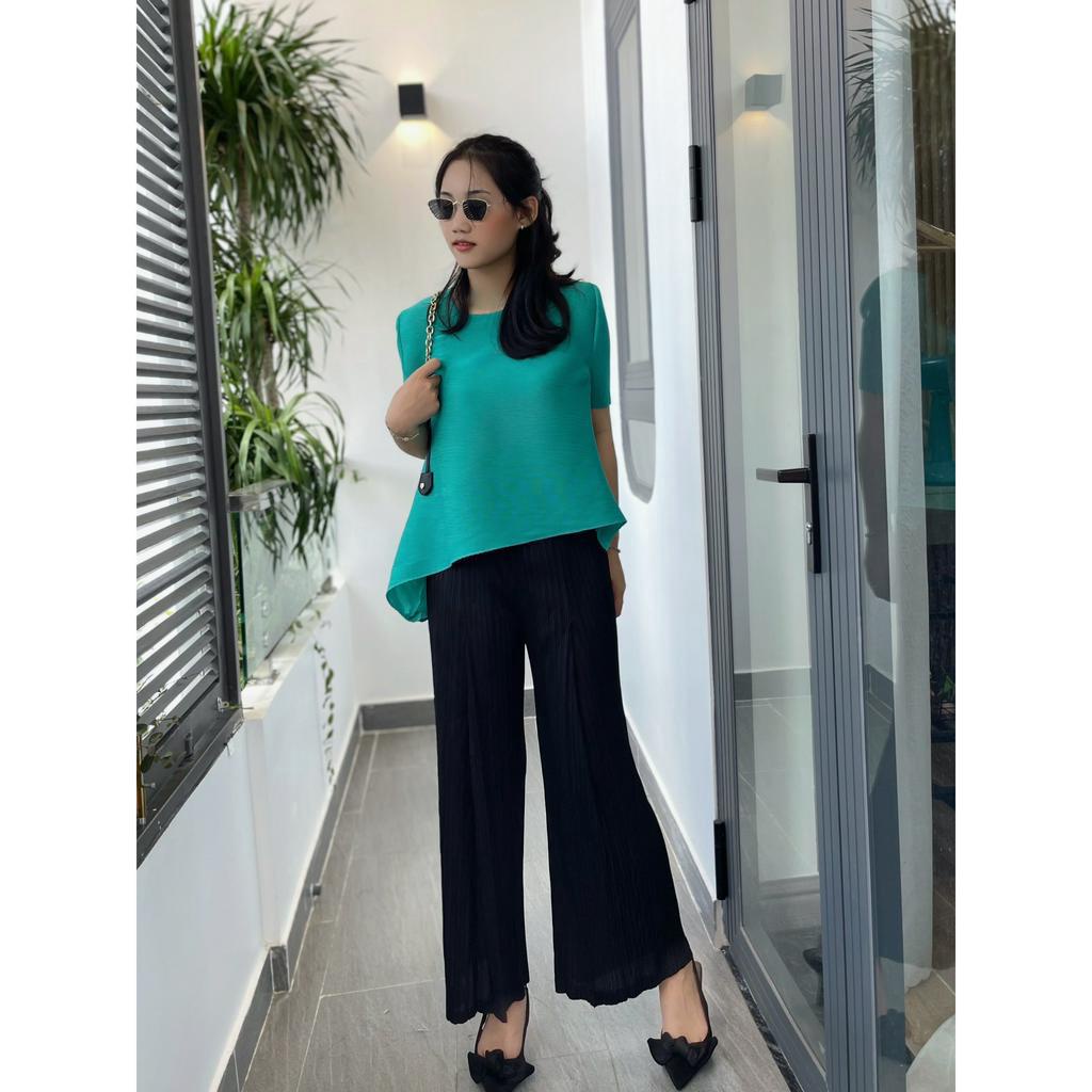 (HÀNG SẴN) Set áo lò xo nhuyễn cao cấp và quần ghép ly ống rộng - Set áo quần lò xo thanh lịch