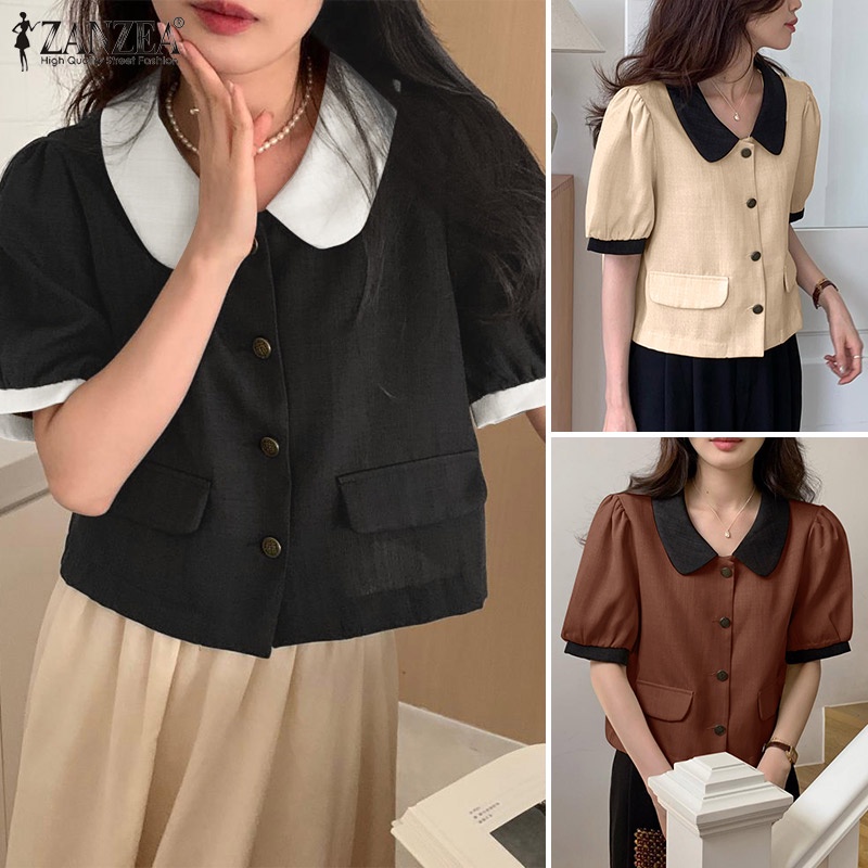 Áo sơ mi ZANZEA tay ngắn phồng cổ bẻ thời trang Hàn Quốc dành cho nữ