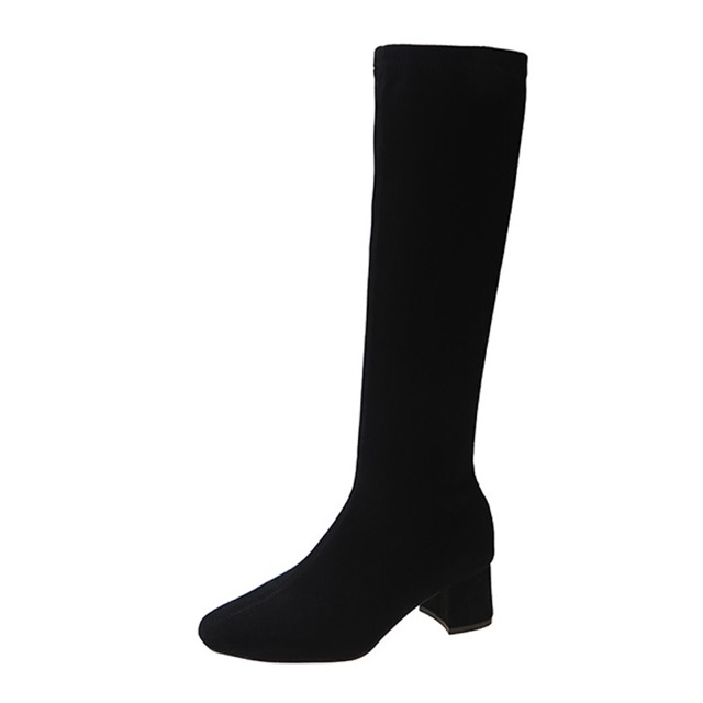 Bốt nữ nhung da lộn cổ cao dưới đầu gối có lót lông gót vuông cao 5cm không khoá