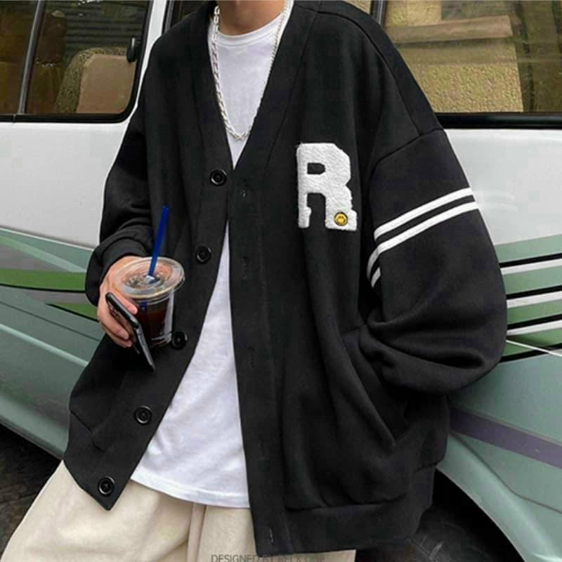 Áo Khoác  Bomber Nỉ -Cardigan Chữ R Bo Sọc Tay - Unisex Kiểu Hàn Quốc Đẹp Rẻ - Cặp Nam Nữ Mặc _ Teen Rẻ Đẹp