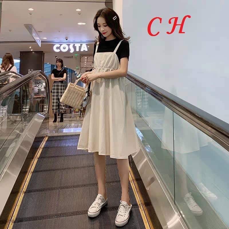 set yếm váy 2 dây xoè dài áo thun đen CH68