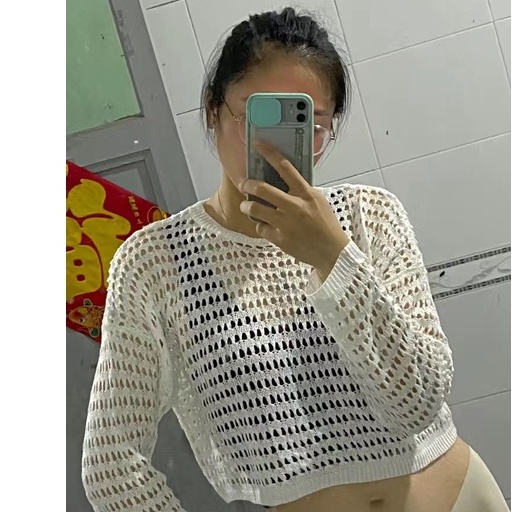 Áo croptop Aimeehouse áo lưới đan len trắng dài tay phong cách trẻ trung cá tính Hàng Quảng Châu