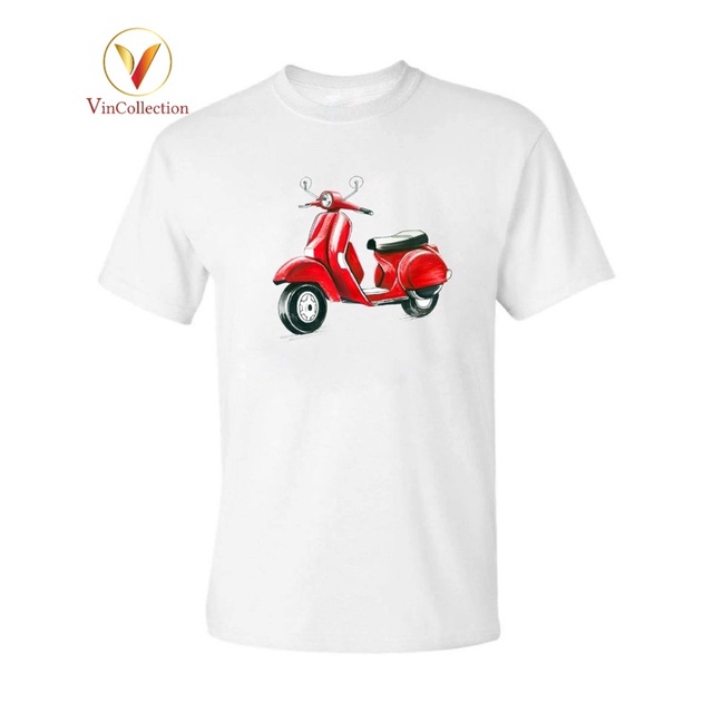 Áo Thun Nam Motorcycle - Biker T-Shirt Trắng IN VESPA ĐỎ - MOTOR T-SHIRT