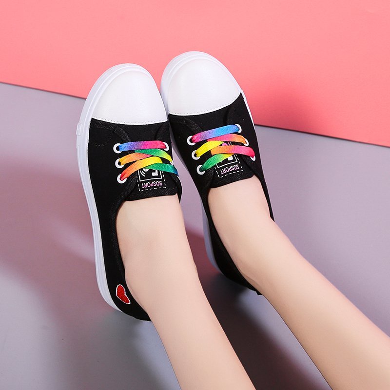 Giày Thể Thao Canvas Đế Cao Su Màu Trắng Đen Phong Cách Hàn Quốc Thời Trang Cho Nữ