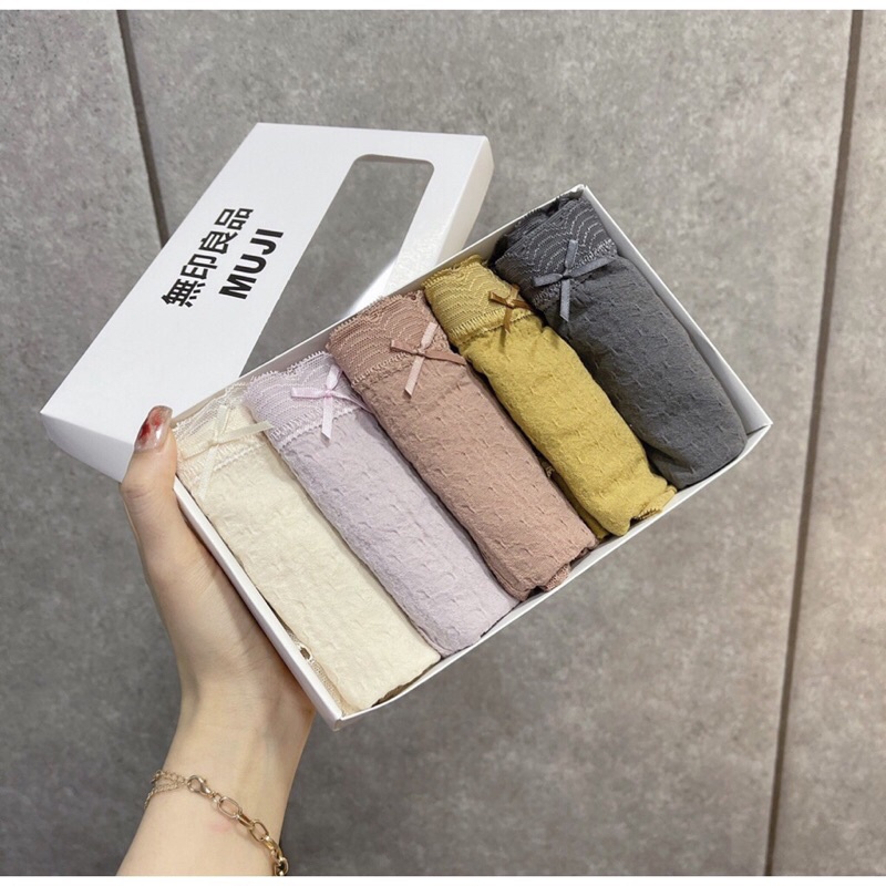 Hộp 5 quần lót cotton nhăn rum đính nơ viền ren 021