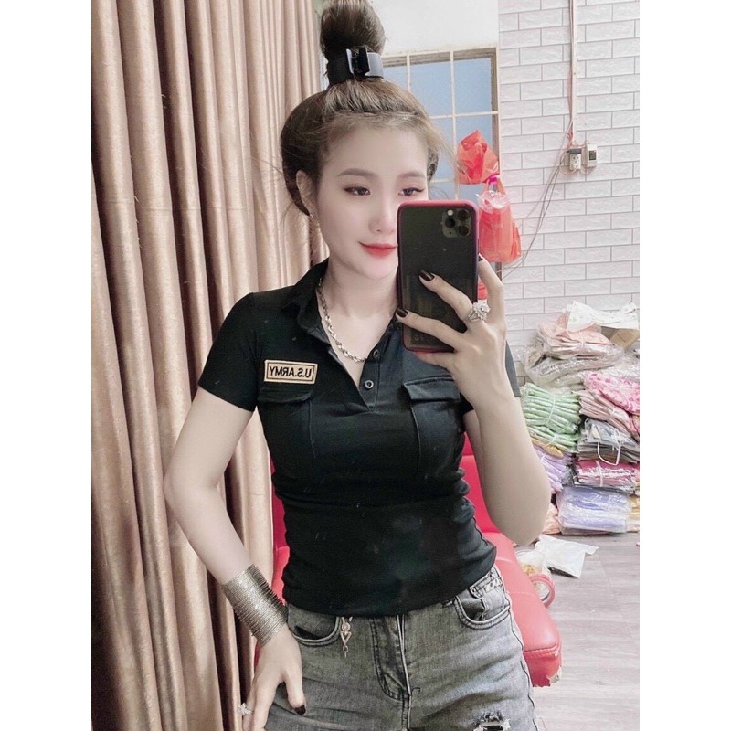 Áo thun body nữ có cổ phối túi có lo gô | BigBuy360 - bigbuy360.vn