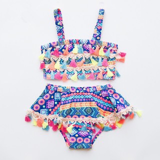 Đồ bơi 2 mảnh cho bé gái tua rua thổ cẩm sắc màu 2-8 tuổi - Rabikids