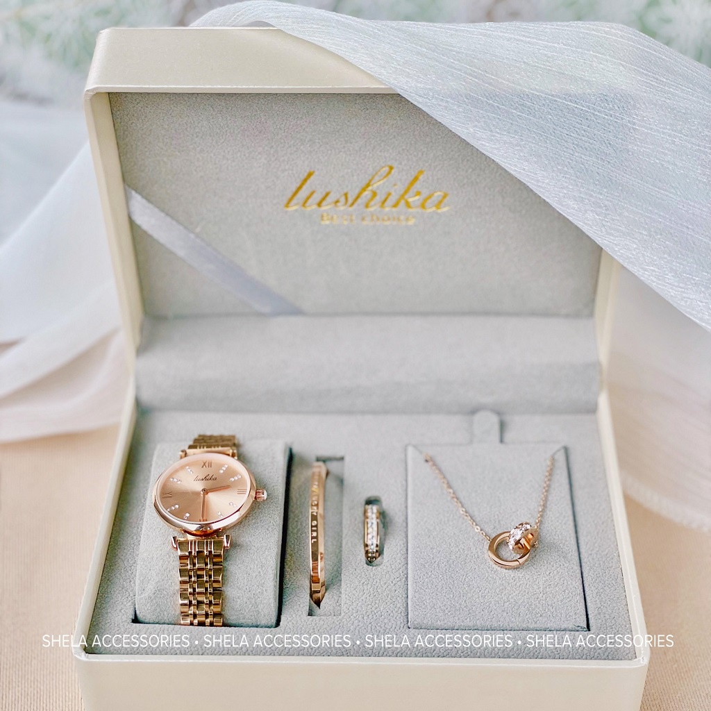Đồng hồ nữ chính hãng LUSHIKA set 4 món dây kim loại màu vàng hồng đẹp sang chảnh LK02