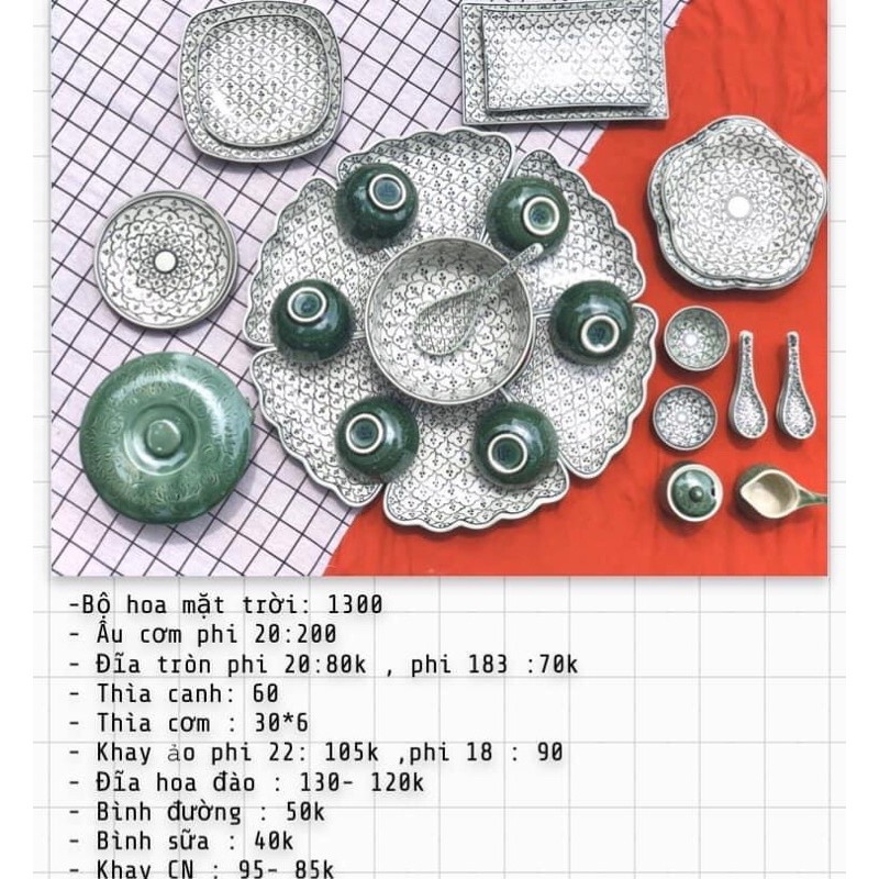 BỘ BÁT ĐĨA HOẠ MẶT TRỜI MẪU ĐỒNG XANH