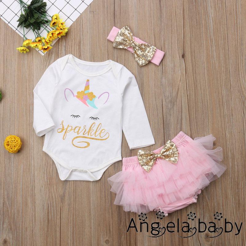 3Pcs Unicorn Baby Girls Top Long Sleeve Romper+Shorts Skirt+ Sequin Bowknot Headband Sets