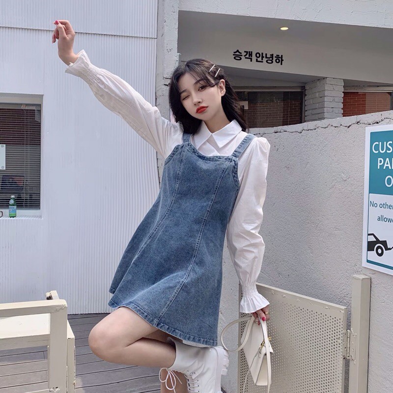 Váy jeans liền sơmi trắng ulzzang