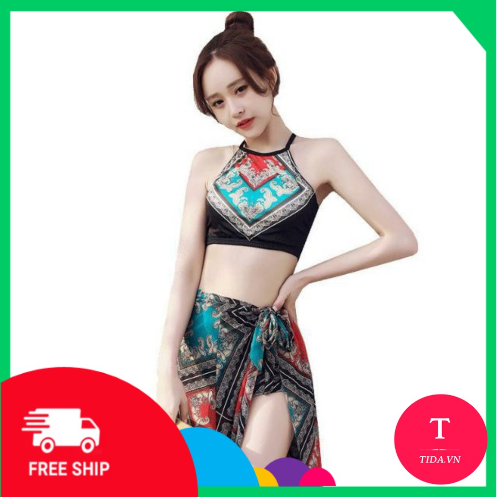 🩱[HÀNG MỚI]🩱Đồ bơi nữ bikini 3 chi tiết thổ cẩm cổ yếm quần đùi hai mảnh có quây chống nắng mặc đi biển MỚI NHÂT