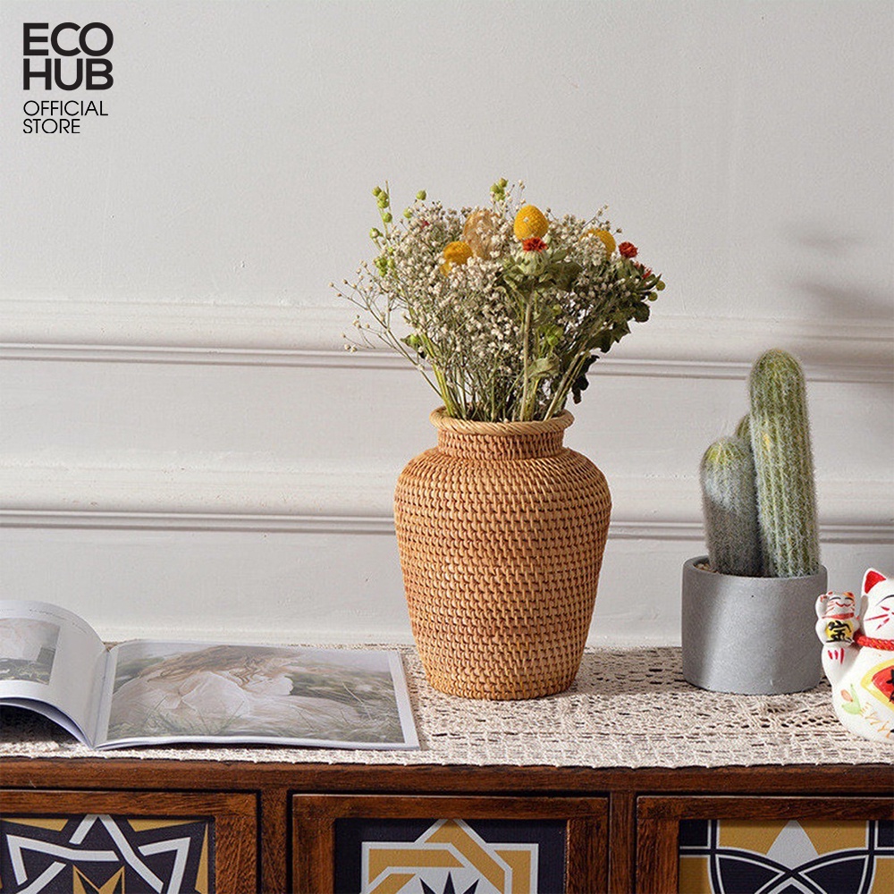 Bình hoa mây ECOHUB, bình hoa khô phòng khách,phòng ngủ, hoa trang trí (Rattan Flower Basket)
