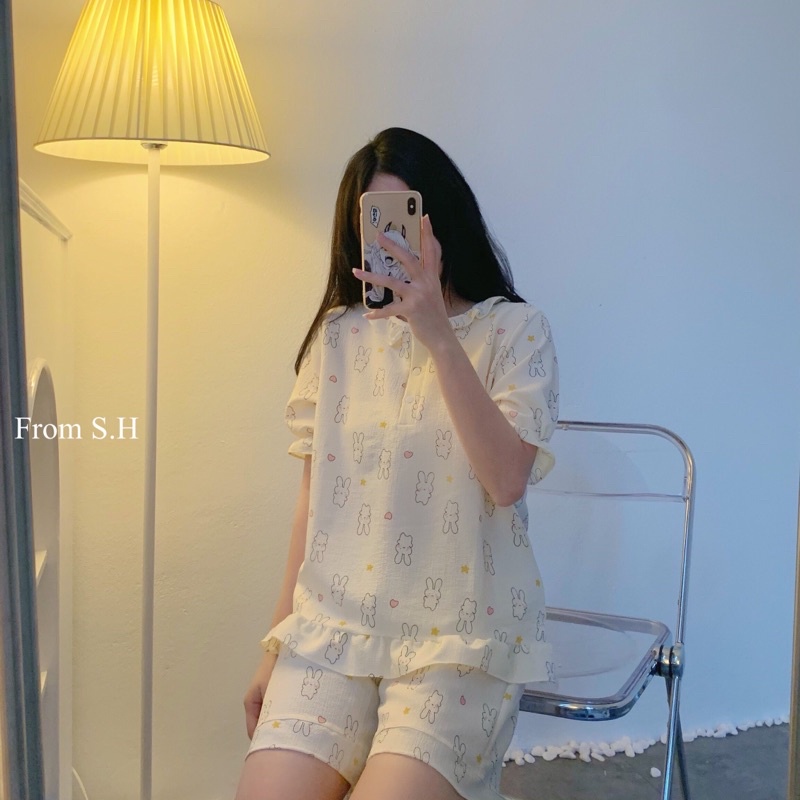 Sét bộ ngủ pijama cộc viền bèo chất đũi xốp in hình cute