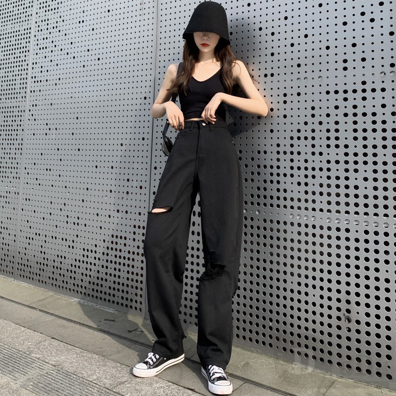 Daduhey Quần dài jeans kiểu dáng rách gối thời trang cho nữ
