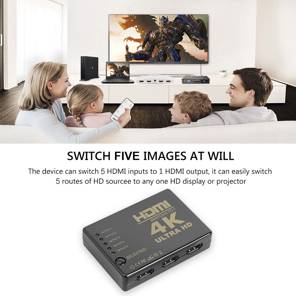 Bộ chuyển đổi Switch HDMI 4k hỗ trợ từ 5x1 hỗ trợ 5 ngõ vào như DVD, Android box, PC và 1 ngõ ra cổng HDMI xuất LCD tivi