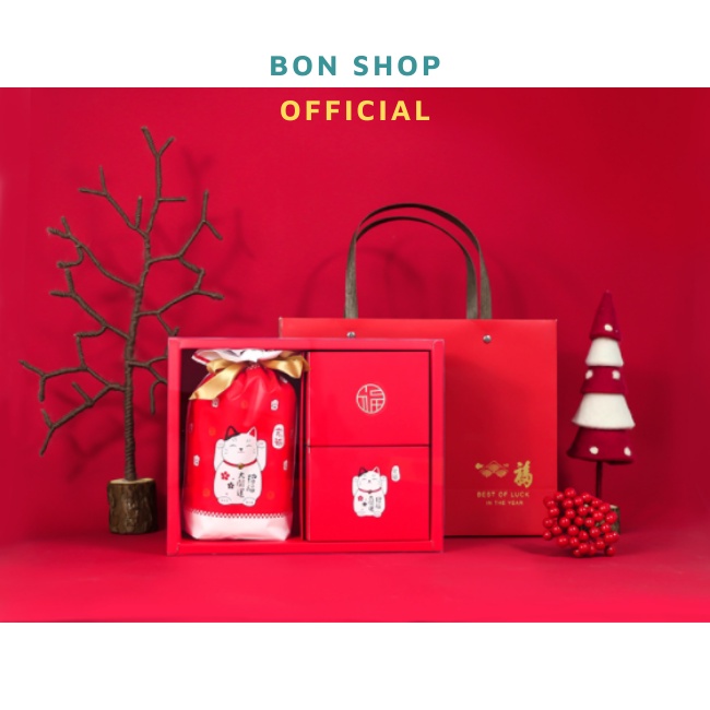 Set Hộp và Túi nắp trong mẫu Mèo Thần Tài đựng Bánh Trung Thu, Quà Tết, Bánh Kẹo, Mứt Handmade