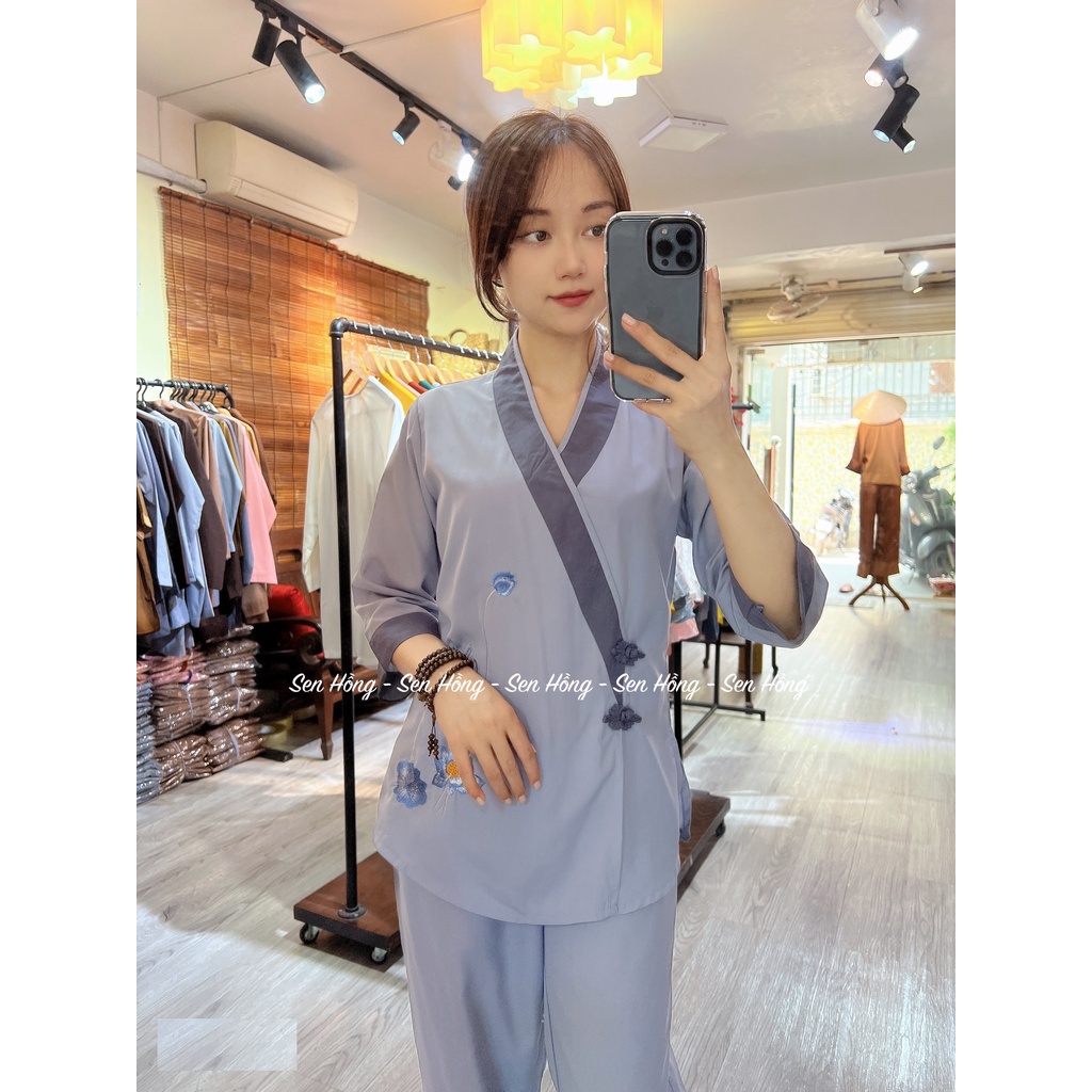 Set đồ lam đi chùa - quần áo Phật tử cài chéo viền nổi, vải kate Nhật bền đẹp - Pháp phục nữ Sen Hồng